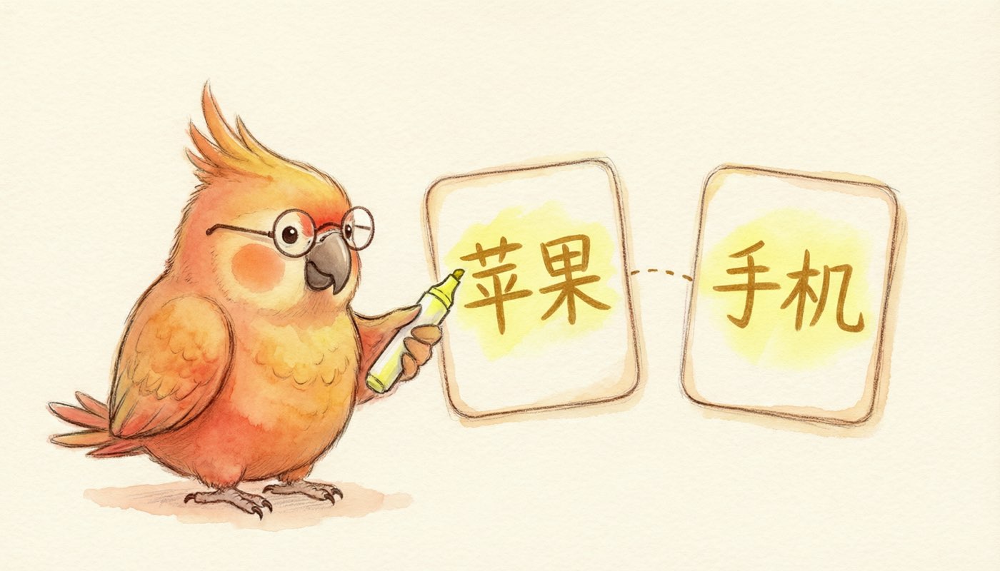 小硅拿荧光笔把"苹果"和"手机"圈出来连线